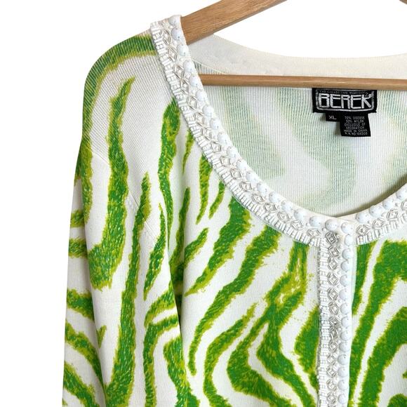 Berek Stretch Cardigan Green Zebra Beaded Embellished Size XL Art To Wear Funky - Picture 1 of 7